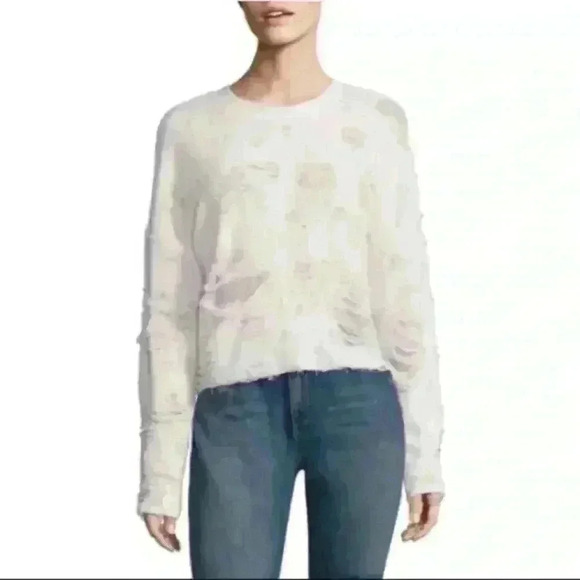 IRO Jeans Sudami Distressed Pullover Crew Neck Cropped Sweater Cream Beige Small - Picture 3 of 15